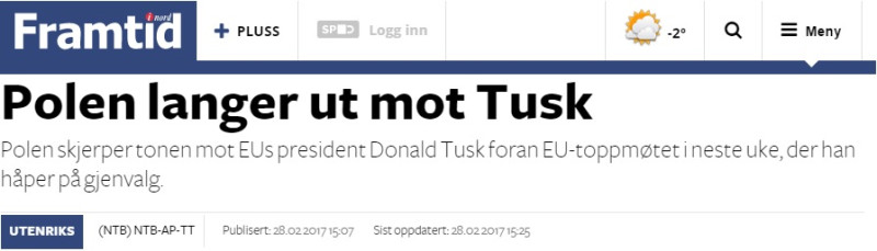 Nagłówek na jednym z norweskich portali o braku poparcia Polski dla przedłużenia kadencji prezydenckiej Donalda Tuska w Europarlamencie.